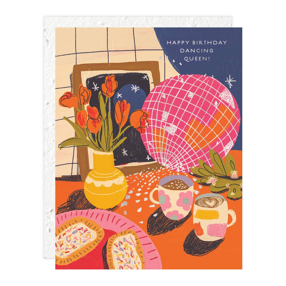 A colorful birthday card with an illustration of a disco ball, a vase of tulips, and a cup of coffee, indicating a happy birthday message.