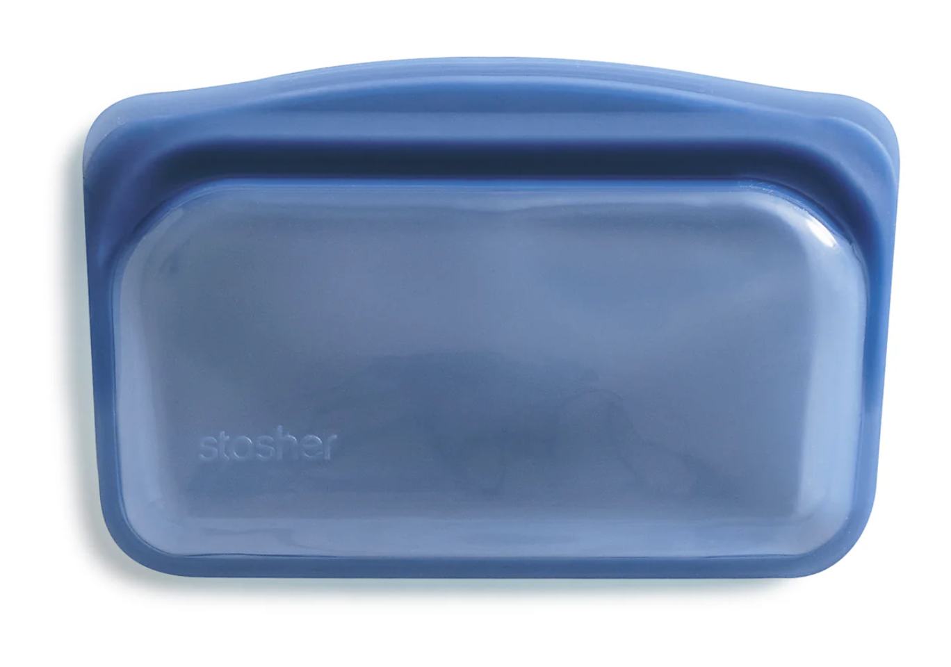 Stasher silicone snack size bag in packaging, featuring the brand name and the product, which is a dark blue silicone bag with a white lid.