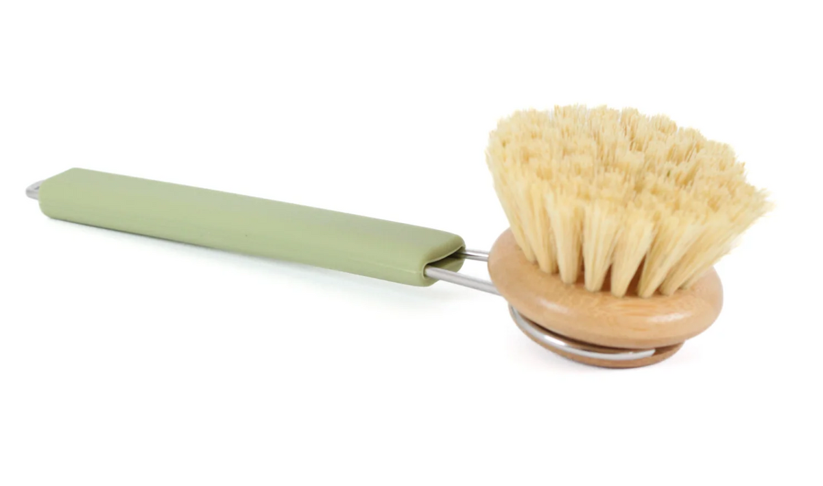 Dish brush with a green handle and natural bristle head on a white background