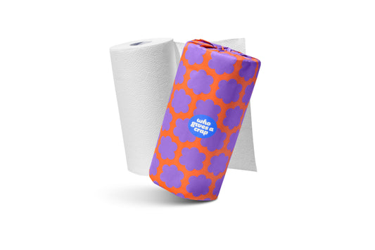 Roll of paper towels with a colorful pattern on a white background