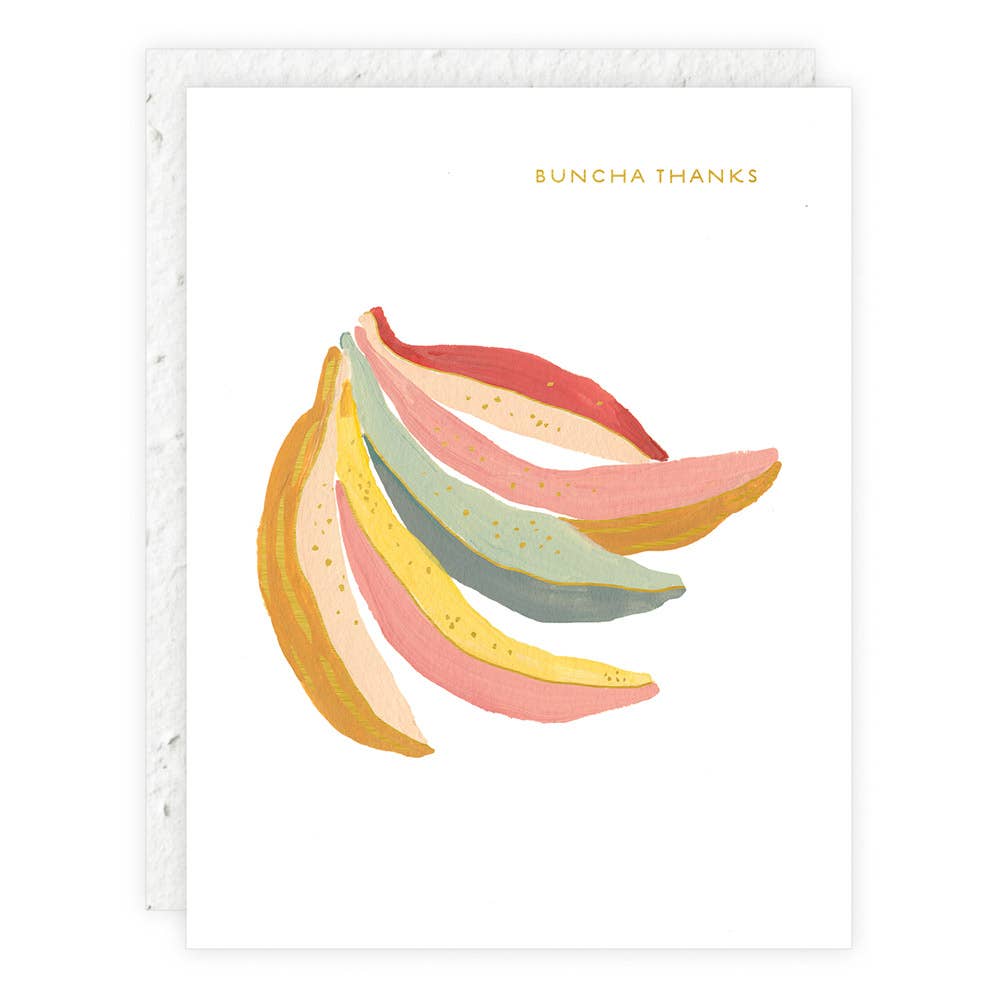 Mini greeting card with a drawing of colorful bananas and the text 'Buncha Thanks' on it, with foil details on the card.