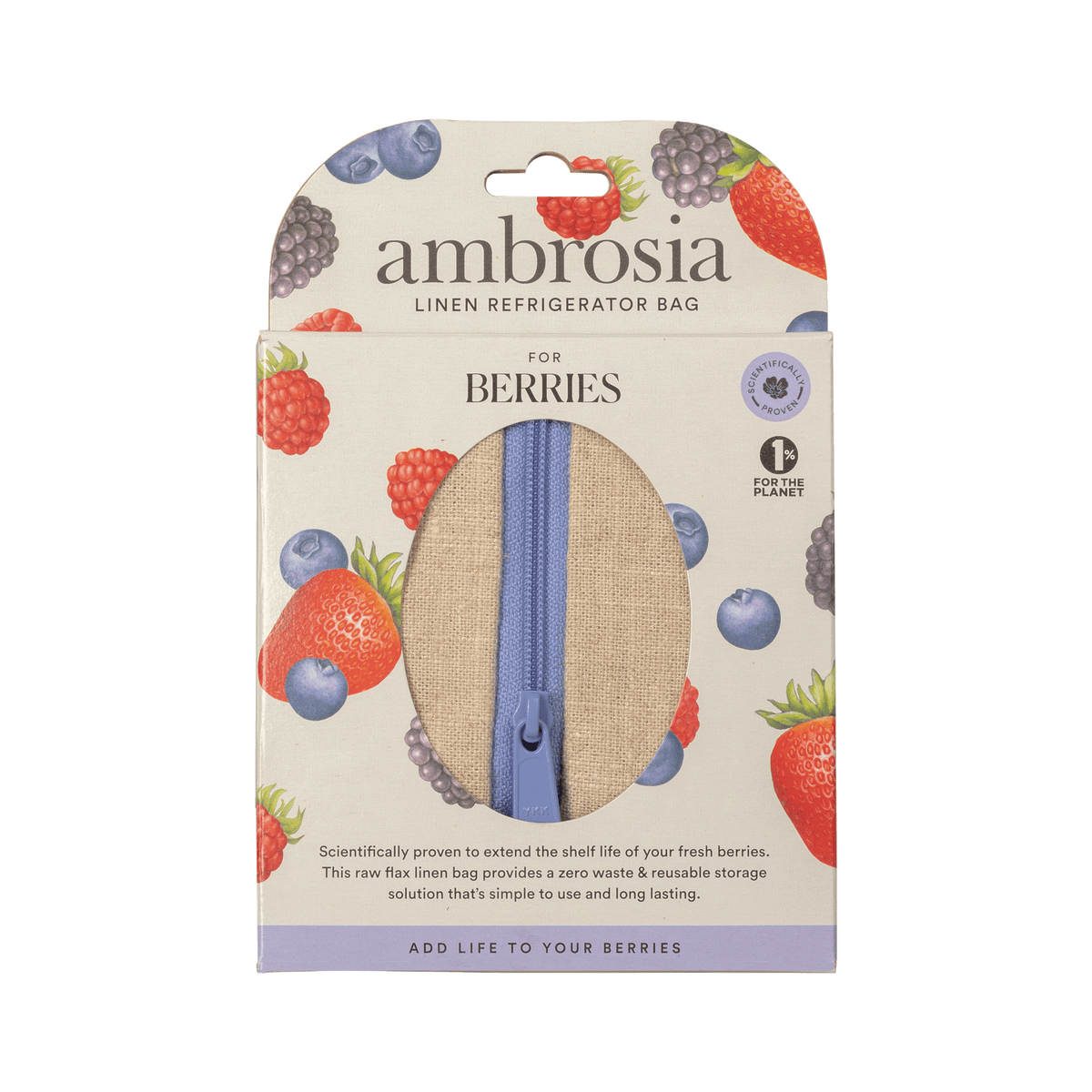 Packaging of Ambrosia Linen Refrigerator Bag for berries, displaying the product with a berries pattern background and product details.