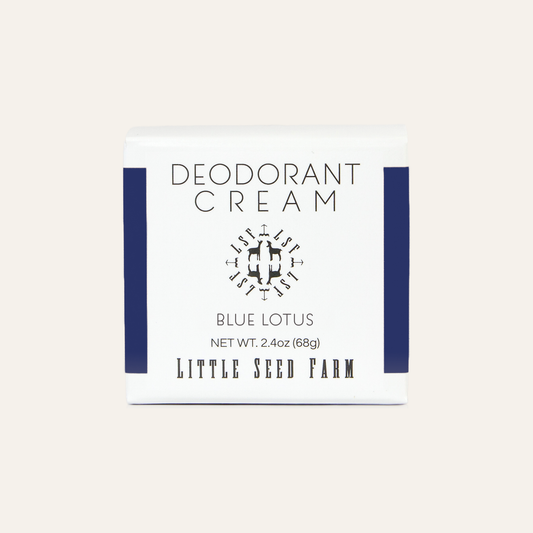 Deodorant cream packaging with 'Little Seed Farm' branding on a white background