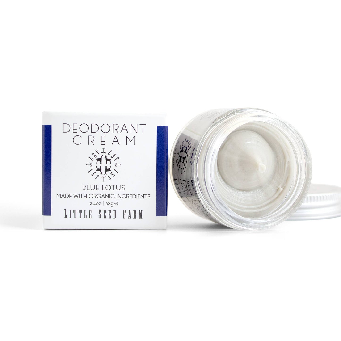 Deodorant cream jar and packaging with 'Blue Lotus' branding on a white background