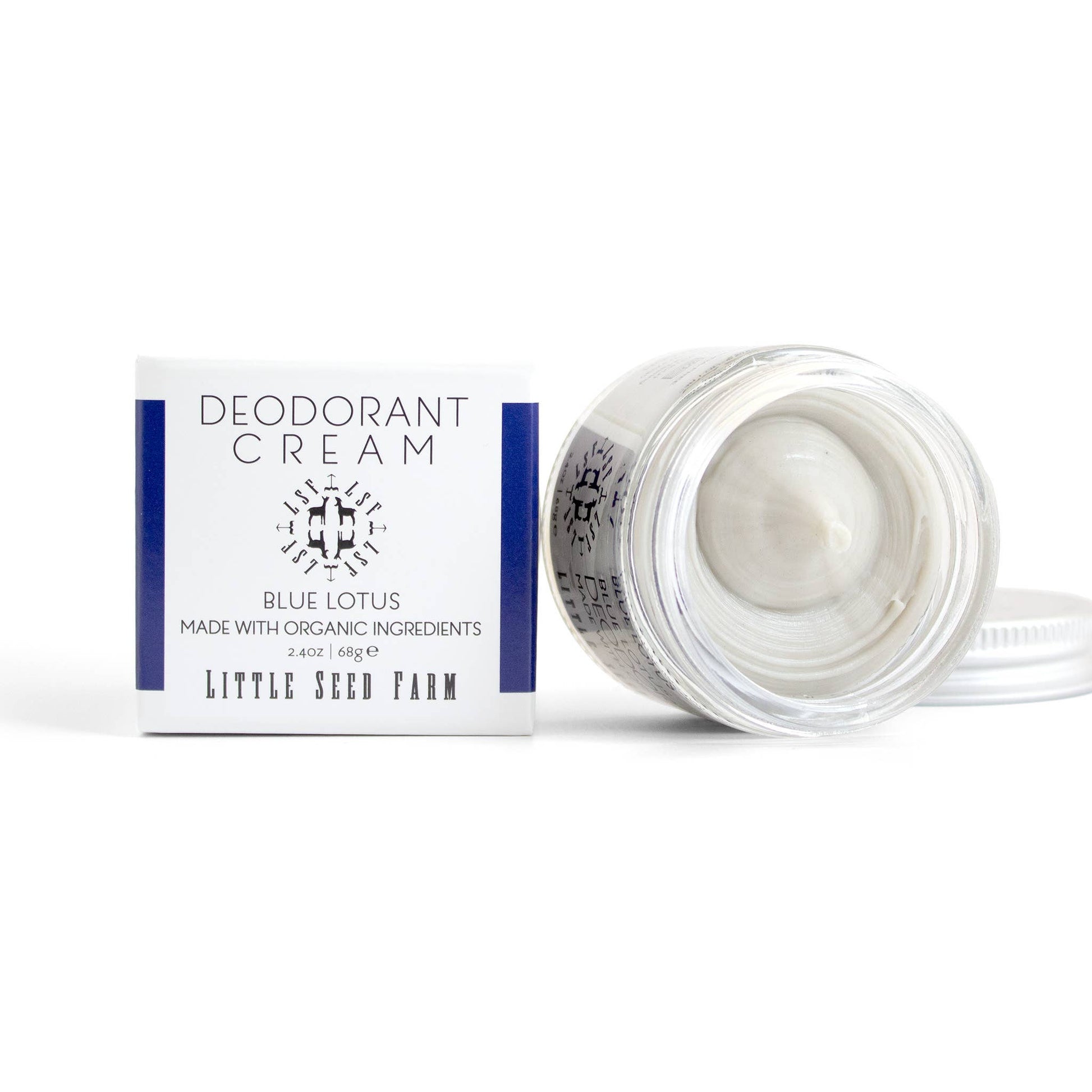 Deodorant cream jar and packaging with 'Blue Lotus' branding on a white background