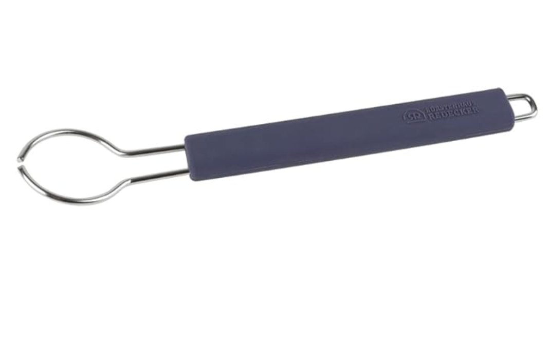 A blue silicone dish brush handle with stainless steel  designed for cleaning.