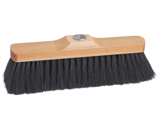 A wall-mounted brush with a light natural wood handle and dense black bristles, shown against a plain white background.