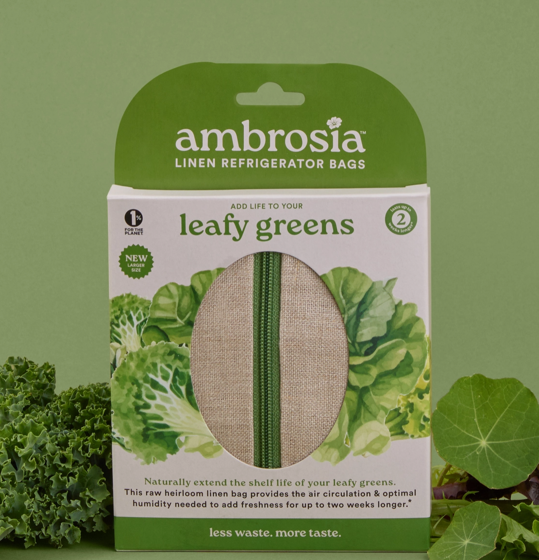 Packaging of Ambrosia Linen Refrigerator Bag for  leafy greens displaying the product with ag reens pattern background and product details.
