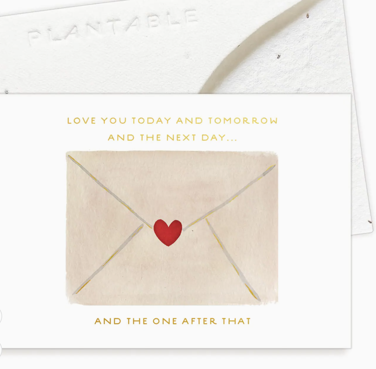 Card with a red heart on a beige envelope and text 'Love you today and tomorrow and the next day and the one after that' on a white background.