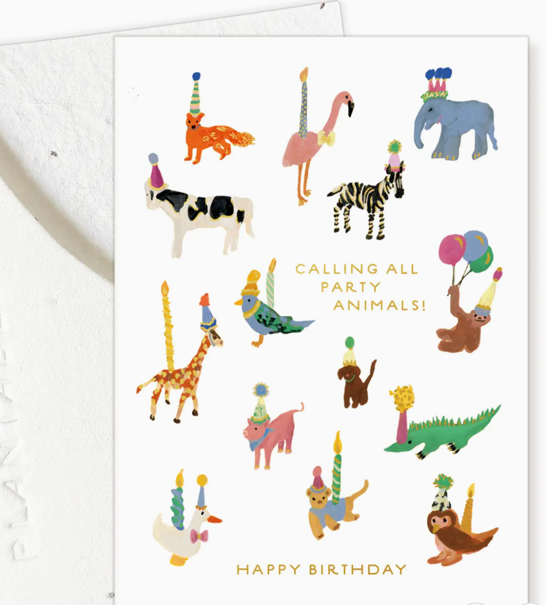 Birthday card with illustrations of party animals and text 'Calling all party animals! Happy Birthday'.