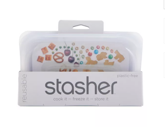 Stasher silicone snack size bag in packaging, featuring the brand name and the product, which is a clear silicone bag with a white lid.