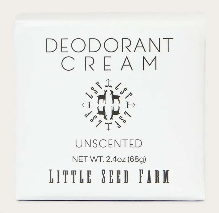 Deodorant cream packaging with 'Little Seed Farm' branding on a white background